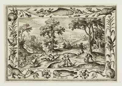 Caça à lebre, de Paisagens com cenas do Antigo e do Novo Testamento e cenas de caça de Adriaen Collaert