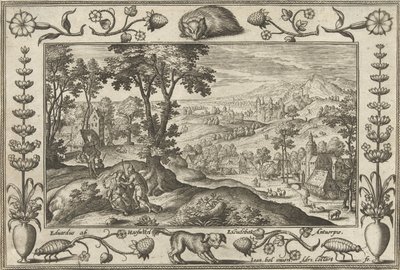 Judá e Tamar Paisagens com cenas bíblicas, mitológicas e de caça (título da série) de Adriaen Collaert