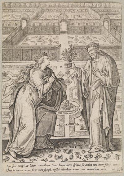 Cristo e sua noiva, Ecclesia, em um jardim de Adriaen Collaert