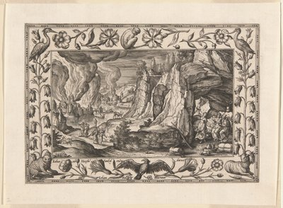 Lot e as suas filhas, de Paisagens com cenas do Antigo e do Novo Testamento e cenas de caça de Adriaen Collaert