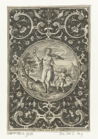 Medalhão com Vênus e Amor em uma moldura grotesca com flores, guirlandas, animais e mascarões Medalhões com figuras do Julgamento de Paris (título da série) de Adriaen Collaert