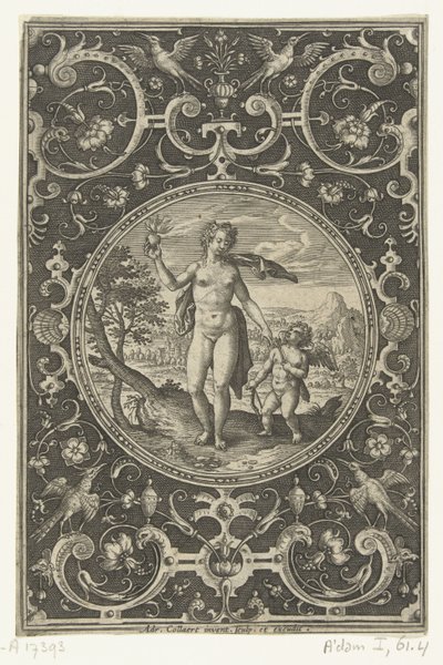 Medalhão com Vénus segurando a maçã de Paris e Amor a seu lado
Medalhões com números do Julgamento de Paris (título da série) de Adriaen Collaert