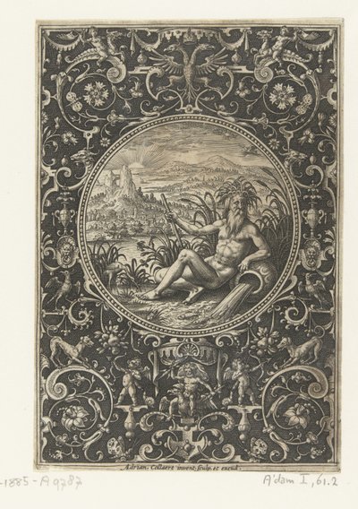 Medalhão em que um deus do rio Medalhões com figuras do Julgamento de Paris (título da série) de Adriaen Collaert
