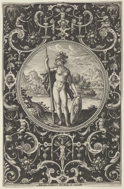 Minerva em uma moldura decorativa com grotescos, do julgamento de Paris, c1580-1600. de Adriaen Collaert