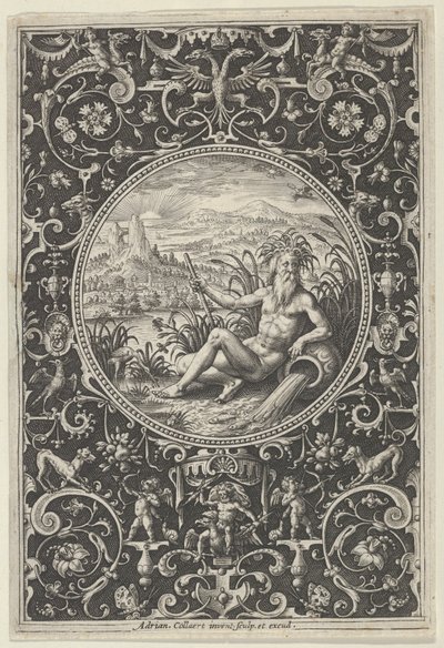 Netuno em uma moldura decorativa com grotescos, do julgamento de Paris, c1580-1600. de Adriaen Collaert