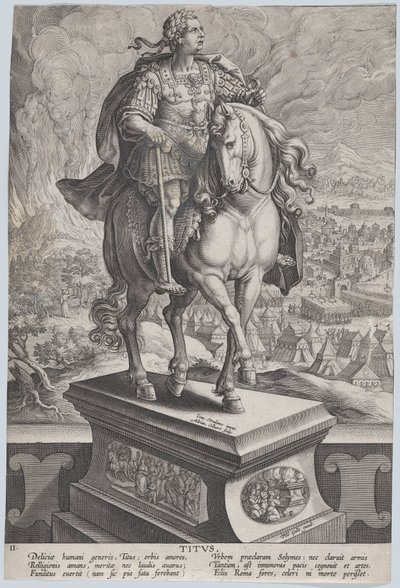 Ilustração 11: estátua equestre de Tito, vista três quartos à direita, Monte Vesúv..., ca. 1587-89. de Adriaen Collaert