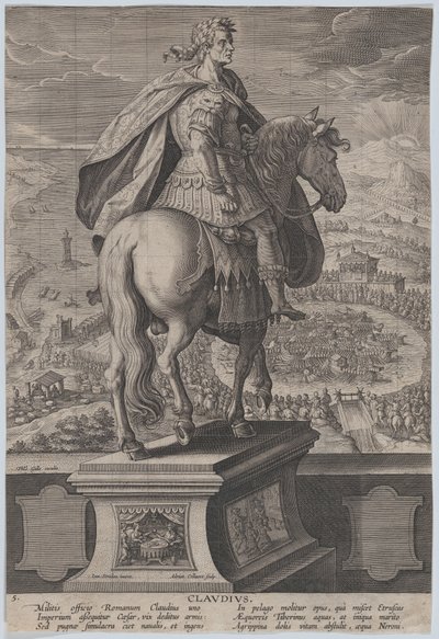 Ilustração 5: estátua equestre de Cláudio, vista de trás, competição naval no ri..., c. 1587-89. de Adriaen Collaert