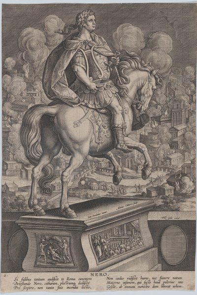 Ilustração 6: estátua equestre de Nero, vista por trás, o Grande Incêndio de Roma no..., c. 1587-89. de Adriaen Collaert