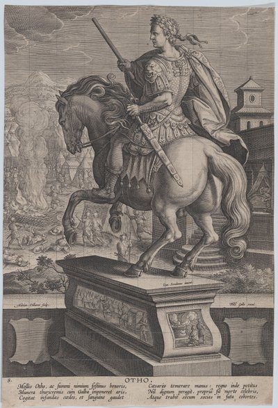 Ilustração 8: estátua equestre de Otão, vista por trás, cena da morte ao fundo..., c. 1587-89. de Adriaen Collaert