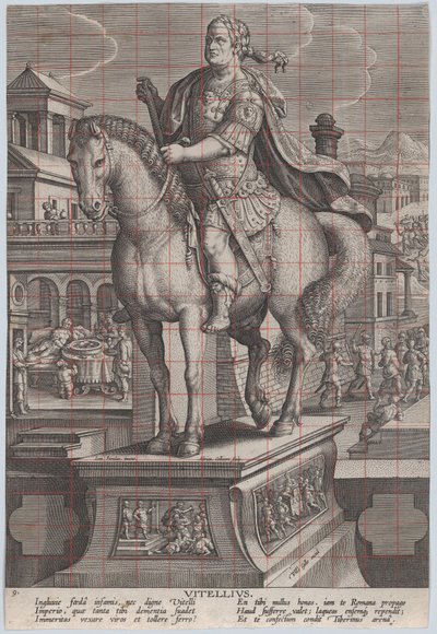 Gravura 9: estátua equestre de Vitélio, vista três quartos à esquerda, com seu ..., ca. 1587-89. de Adriaen Collaert