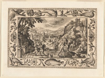 Rebeca e Eliézer junto ao poço, de Paisagens com cenas do Antigo e do Novo Testamento e cenas de caça de Adriaen Collaert