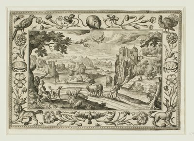 A queda de Ícaro, de Paisagens com cenas do Antigo e do Novo Testamento e cenas de caça de Adriaen Collaert