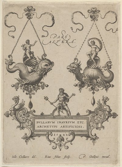Placa de título com dois desenhos de pingente acima e Netuno em pé em um cartucho abaixo, 1582. de Adriaen Collaert