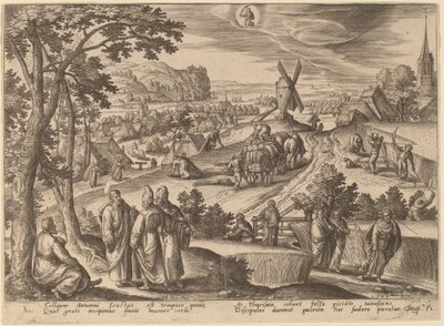 A colheita de espigas de milho no dia de sábado de Adriaen Collaert after Hans Bol