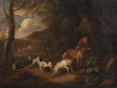 Caçador com cães à beira de uma floresta de Adriaen Cornelisz Beeldemaker