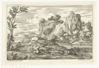 Paisagem com grande rocha perto de um rio de Adriaen Frans Boudewyns