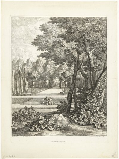 Paisagem com casal sentado em escadas no jardim de Adriaen Frans Boudewyns