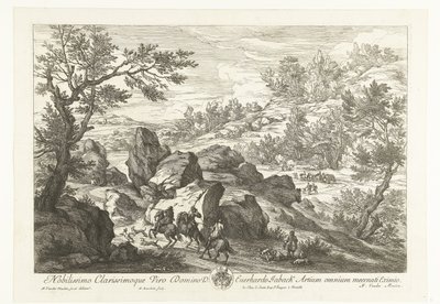 Paisagem com cavaleiros em um afloramento rochoso Paisagens com caçadores (título da série) de Adriaen Frans Boudewyns