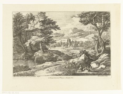 Paisagem com duas figuras ao longo de uma estrada, uma igreja ao longe de Adriaen Frans Boudewyns