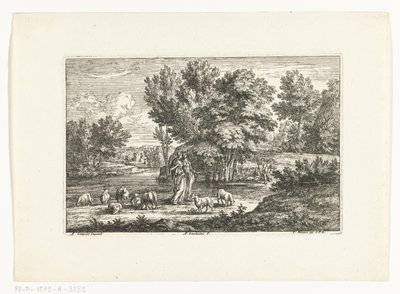 Paisagem com duas pastoras à beira de uma água de Adriaen Frans Boudewyns