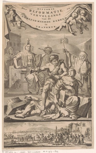 Igreja Reformada Francesa atacada por homem com flagelo Página de título para: E. Benoist, História das Igrejas Reformadas de Vrankrijk, 1696 de Adriaen Haelwegh