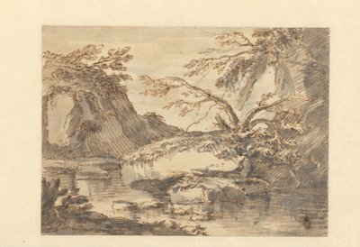 Paisagem com grandes rochas na água de Adriaen Honich (attributed to)