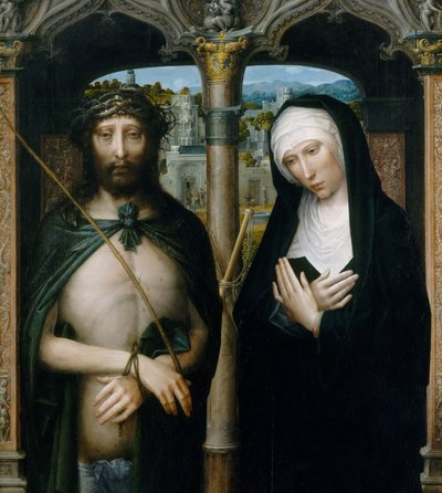 Cristo coroado de espinhos Ecce Homo, e a Virgem de luto, ca. 1530-40. de Adriaen Isenbrandt