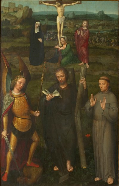 A Crucificação com os Santos Miguel Arcanjo, André e Francisco de Assis, c. 1510. de Adriaen Isenbrant