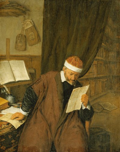 Um advogado sentado em uma mesa lendo uma carta, uma biblioteca além, 1668 de Adriaen Jansz. van Ostade