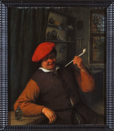 Um camponês de boina vermelha fumando cachimbo, no interior de Adriaen Jansz. van Ostade