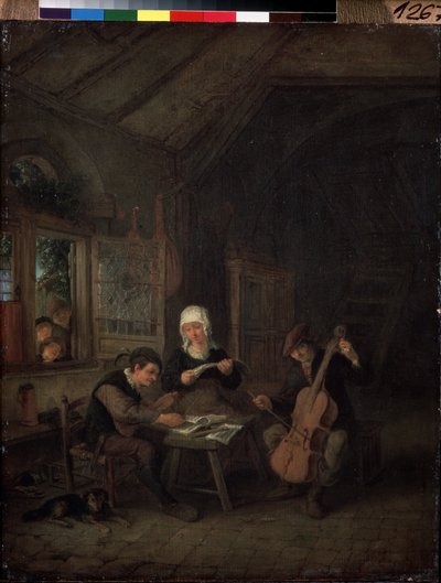 Músicos da Vila (Músicos Rurais). Violinista e violoncelista tocando em uma casa. Pintura de Adriaen Jansz Van Ostade (1610-1685) de Adriaen Jansz. van Ostade
