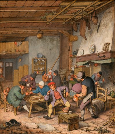 Quarto em Pousada com Camponeses Bebendo, Fumando e Jogando Gamão - Obra de Adriaen Jansz van Ostade (1610-1685) Lápis, giz e aquarela sobre papel de Adriaen Jansz. van Ostade