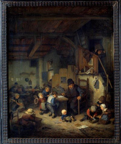O mestre da aula de Cena da escola, um antigo professor com alunos pequenos de origens favoritas. Pintura de Adrien van Ostade (1610-1685) 1662 Sol. 0,4x0,32 m de Adriaen Jansz. van Ostade