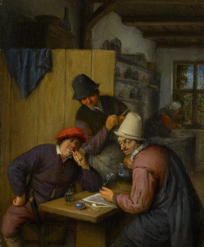 Três agricultores que bebem e fumam numa taberna, 1666-67 de Adriaen Jansz. van Ostade