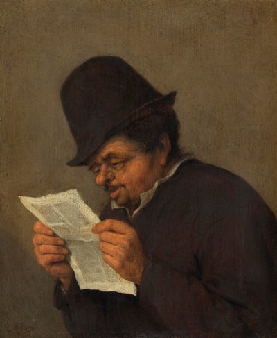Velho camponês lendo um jornal, c.1647 (óleo sobre carvalho) de Adriaen Jansz. van school of Ostade