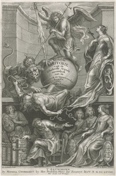 Folha de rosto alegórica com a inveja derrubada Página de rosto para: C. Hazart, história de Kerckelycke, 1669 de Adriaen Lommelin