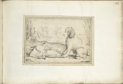 Cão ao lado de equipamento de caça e pilhagem na paisagem de Adriaen Matham (signed by artist)