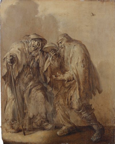 Um casal de mendigos idosos segurando uma tigela vazia virada para cima; en brunaille (óleo sobre painel) de Adriaen Pietersz. van de Venne