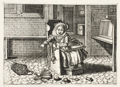 Bebê chorando por seus brinquedos, ilustração de &39;Emblemata de Zinne-werk&39; por Johannes de Brune (1589-1658), Jan Jacobs Schipper, Amsterdã, 1661 de Adriaen Pietersz van de Venne