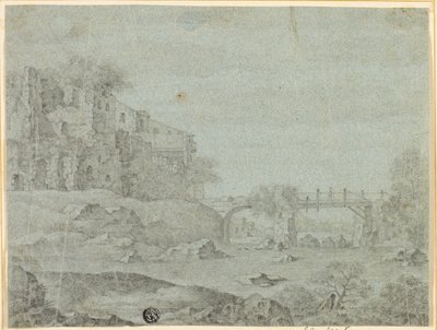 Ruínas com vista para o rio e ponte de Adriaen Pietersz. van de Venne