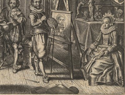 Pintor e modelo feminino em estúdio Houwelyck (título da série) de Adriaen Pietersz van de Venne