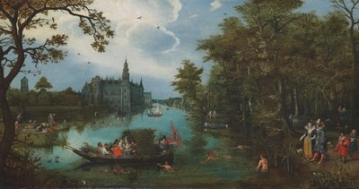 Paisagem de verão com grupo de barcos e banhistas de Adriaen Pietersz. van de Venne