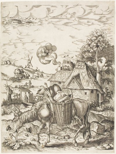 O burro carregado de comida, de figuras emblemáticas de animais de Adriaen Pietersz. van de Venne