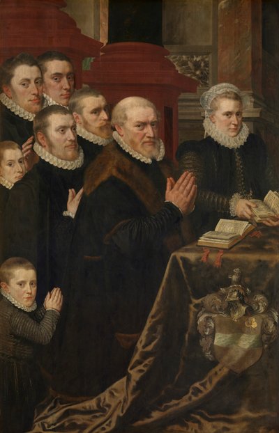 Calvário e a Família de Gillis de Smidt e Maria de Deckere (óleo sobre painel) de Adriaen Thomasz Key