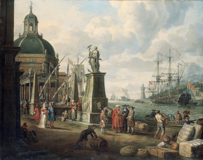 Um capricho de um porto mediterrâneo com mercadores, um casal elegante no cais, diante de uma estátua da Esperança e de uma igreja barroca, um farol, um homem-guerra holandês e outros navios além, 1700 de Adriaen Verdoel