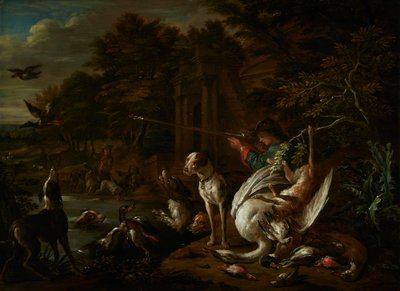 Caçador com um cisne morto à beira da água de Adriaen de Gryef