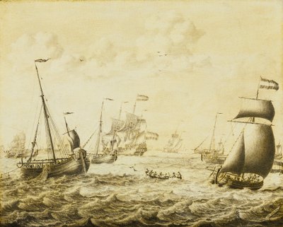 Pesca do arenque holandesa, finais do século XVII (grisaille sobre painel) de Adriaen or Abraham Salm