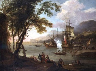 Um capriccio de um porto mediterrâneo com navios, mercadores e docas de Adriaen van Diest