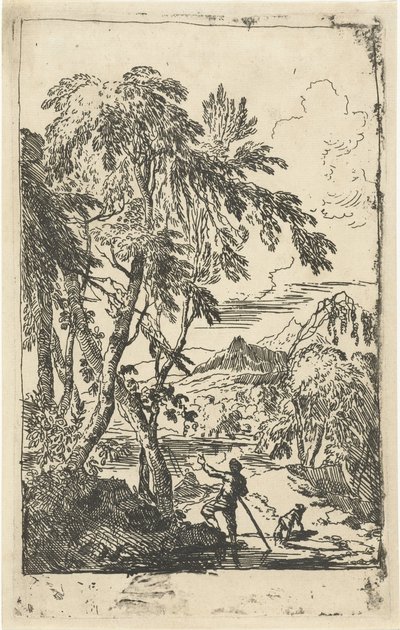 Paisagem montanhosa com árvores e homem com cachorro de Adriaen van Diest