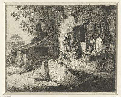 Mulher girando na frente de uma casa A mulher girando na porta de Adriaen van Ostade (signed by artist)